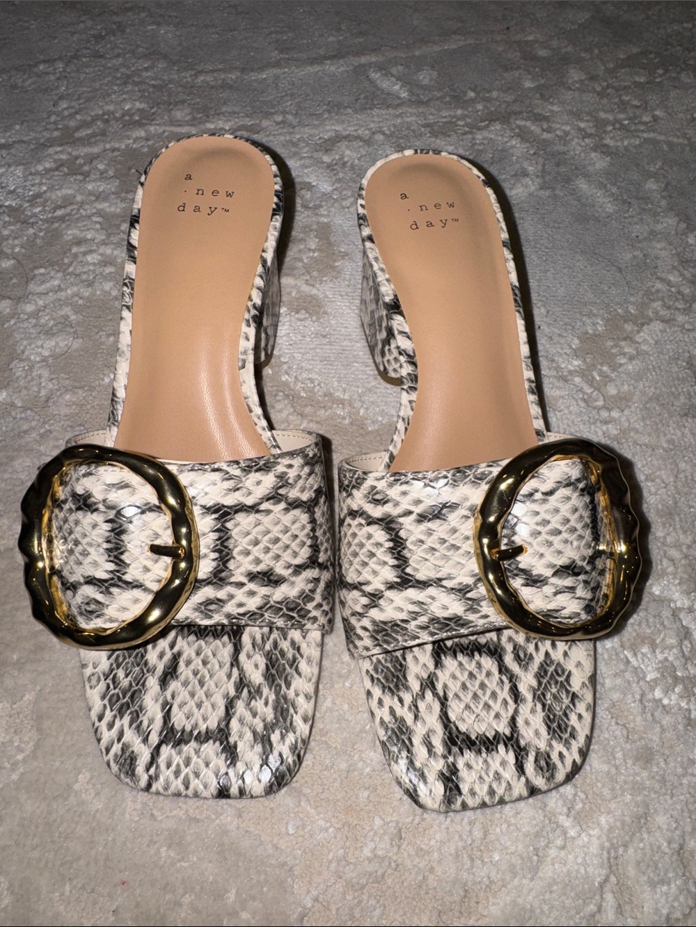a new day Snake-Print Slide Mules with Gold Buckle - Neutral Black & White